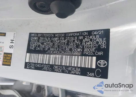 2021 Toyota Corolla Hybrid Le from USA, damaged, VIN JTDEAMDE2MJ031122